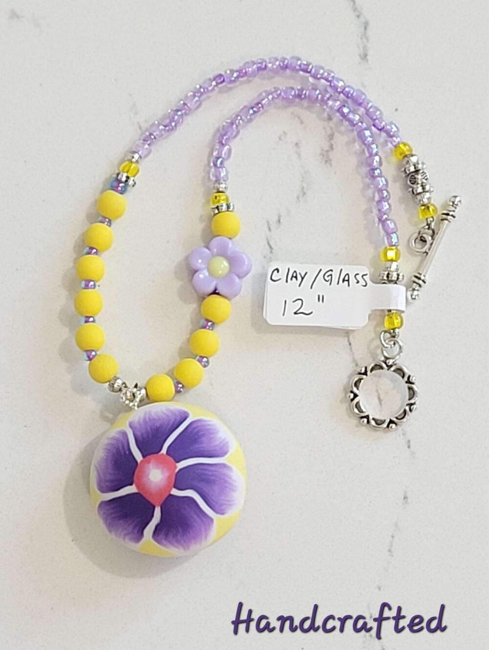 Hand Crafted Kids' Yellow and Purple Polymer Clay Flower Pendant Necklace